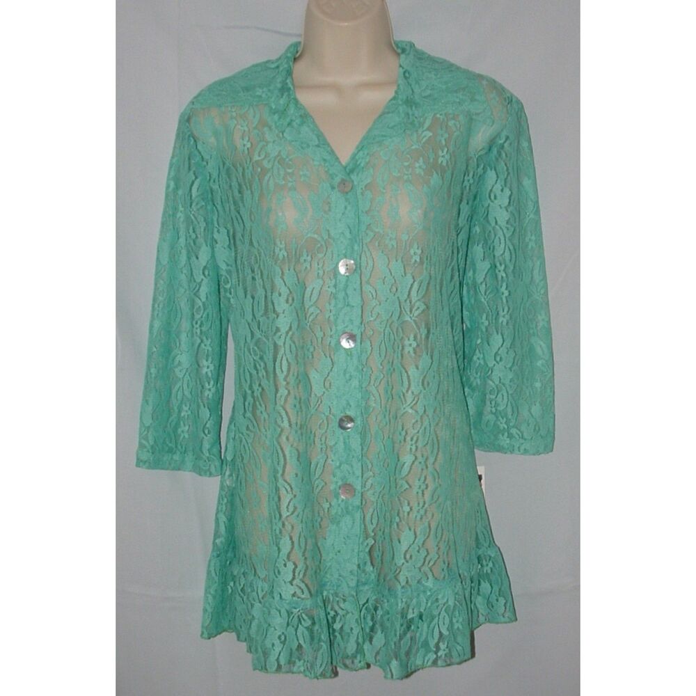 NEW NWT Blue Sz Medium Sheer Lace Button Up Boho Tunic Blouse SOLE DIONE STUDIO